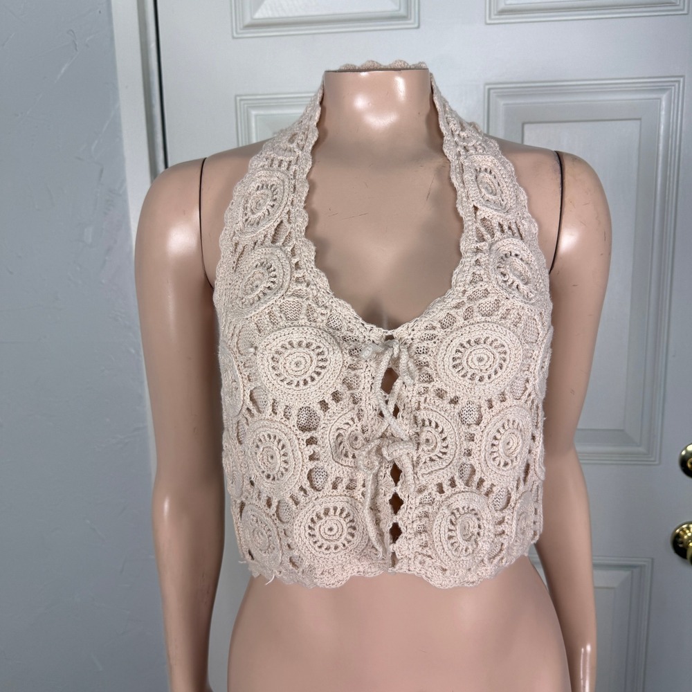 Vintage 90s Y2K Moda International Women's Shirt Top Small Halter Crochet KK19